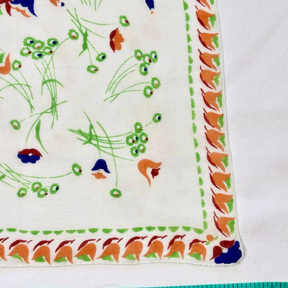 Vintage 1940s Cotton Tulip Print Handkerchief Orange Blue Rust Red Border - Picture 5 of 7